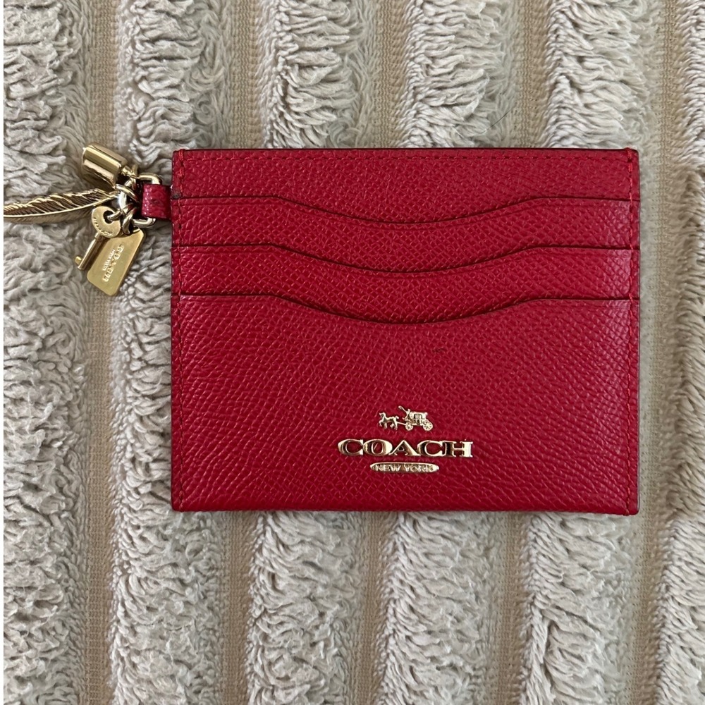 Coach Red Crossgrain Leather Charm Card Case "Good Luck" Editon